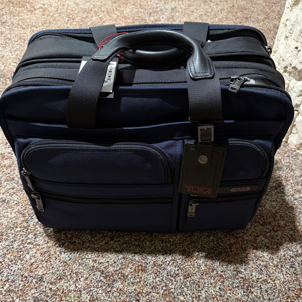 TUMI Black and Navy Expandable Laptop Briefcase